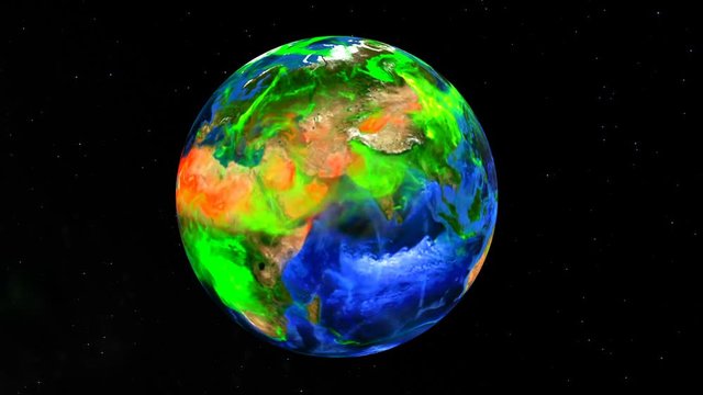 Time lapse animation simulated surface carbon monoxide concentration to study greenhouse effect on planet Earth . Elements of this image furnished by NASA