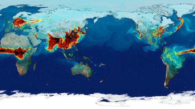 Time lapse animation simulated surface carbon monoxide concentration to study greenhouse effect. Equirectangular projection . Elements of this image furnished by NASA