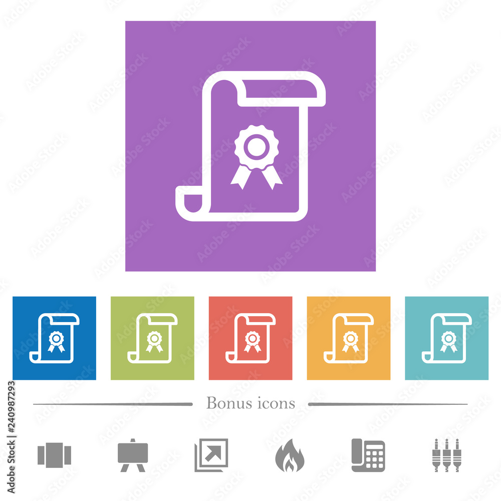 Poster scroll with certificate flat white icons in square backgrounds