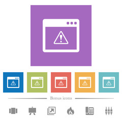 Application warning flat white icons in square backgrounds