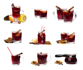 mulled wine with spices isolated on white background. Winter alcoholic cocktail. Christmas drink.