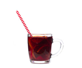 mulled wine with spices isolated on white background. Winter alcoholic cocktail. Christmas drink.