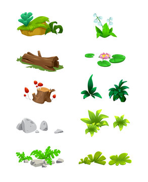 Vector Set Of Cartoon Bushes Stones Grass Stumps Flower