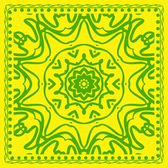 Decorative green color ornament on yellow background. Symmetric pattern with floral mandala. For Bandana, fabric print