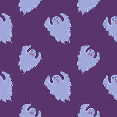 Seamless pattern of ghost characters. Vector illustration isolated on violet background.