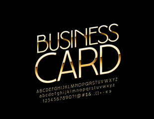 Vector Golden label Business Card. Luxury elegant Font. Thin rotated Alphabet Letters, Numbers and Symbols.