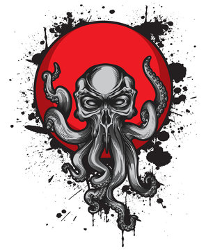 Cthulhu creature with skull head on red circle label with black ink splashes. Vector illustration in engraving technique for posters, t-shirt prints, tattoo, labels and stickers.