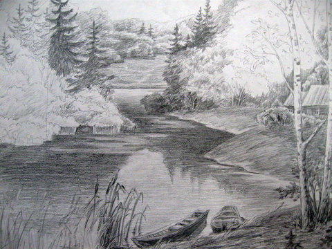 Landscape with river and boat - black white drawing