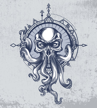 The Kraken creature with skull head on grunge background and wind rose in boho style. Vector illustration in engraving technique for posters, t-shirt prints, tattoo, labels and stickers.
