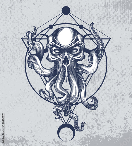 Cthulhu Creature With Skull Head On Grunge Background And