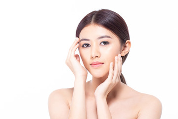 Fototapeta premium Beautiful Asian Woman Portrait. Beautiful Woman looking to camera. Korean Woman Touching her Face. People with Youth and Skin Care Concept. isolated on white background.