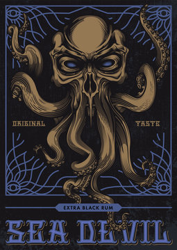 "Sea Devil", alcohol label design. Vector illustration of evil skull with tentacles in engraving technique, tracery ornament frame on grunge background. 