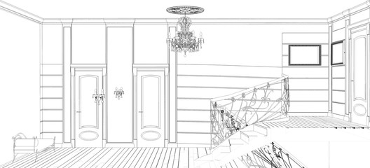 interior contour visualization, 3D illustration, sketch, outline