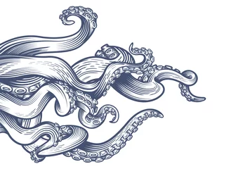 Fotobehang Tentacles of an octopus. Hand drawn vector illustration in engraving technique isolated on white background.  © Sergj
