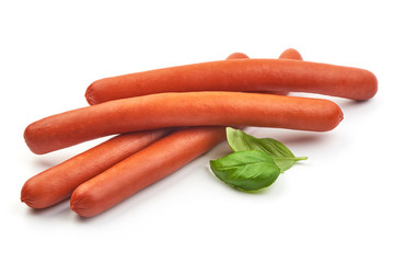 Thin Smoked Sausages with basil leaves, close-up, isolated on a white background