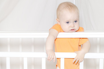 Cute baby on a tummy in a white cot looking across the room through the wooden frame, itching gums, sucking the wooden board of the cot, teething proccess. Family, baby development concept photo