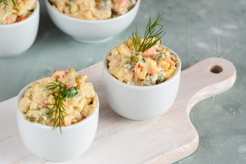 Traditional Polish salad with cooked vegetables and mayonnaise.