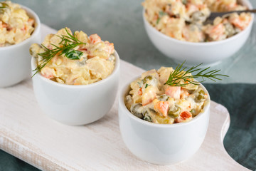 Traditional Polish salad with cooked vegetables and mayonnaise.