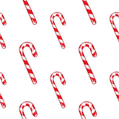 Seamless pattern of sweet Christmas candies. Vector illustration. Isolated on white. 