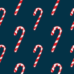 Seamless pattern of sweet Christmas candies. Vector illustration. Isolated on blue. 