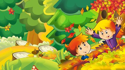 cartoon autumn nature background with girl and boy gathering mushrooms and having fun with the falling leafs - illustration for children