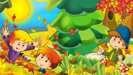 Obraz na płótnie Canvas cartoon autumn nature background with boy gathering mushrooms - illustration for children