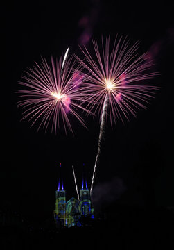 Chrismast celebration with beautiful firework over  Cathedral of the Immaculate Conception Churt, Chantaburi Province , Thailand