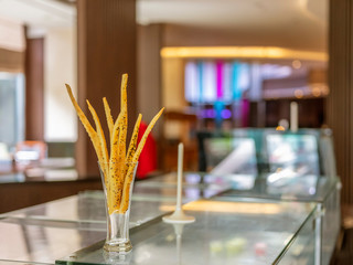 A home-made cheese stick decorated in the glass located in Bandung, Indonesia