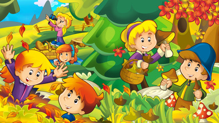 Obraz na płótnie Canvas cartoon autumn nature background with girl and boy gathering mushrooms and other kids having fun - illustration for children