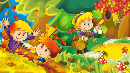 Fototapeta premium cartoon autumn nature background with girl and boy gathering mushrooms - illustration for children