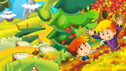 cartoon autumn nature background with girl and boy gathering mushrooms and having fun with the falling leafs - illustration for children