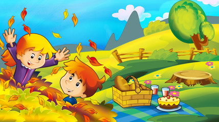 cartoon happy and funny scene with kids in the park having fun and picnic - illustration for children