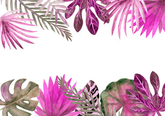 Watercolor frame of colorful tropical leaves. For invitations, greeting cards and Wallpapers.