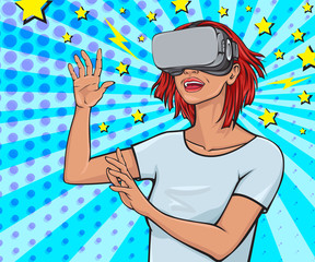 Pop art poster of a girl in virtual reality headset. Vector colorful background in pop art retro comic style. Banner, card, invitation and print.