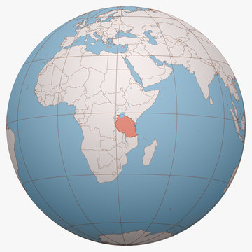 recommend clip art: Tanzania on the globe. Earth hemisphere centered at the location of the United Republic of Tanzania. Tanzania map.