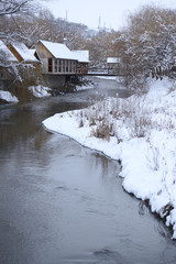 Beautiful winter landscape with cafe and water canal, Armenia