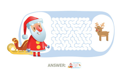 Winter Maze Labyrinth Game with answer. Help Santa find the way out of the Labyrinth. Colorful flat vector illustration. Isolated on white background.