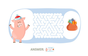 Winter Maze Game with funny Piggy character and answer. Help Piglet find his way in Labyrinth. Colorful flat vector illustration. Isolated on white background.