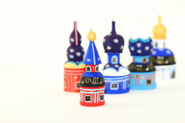 Shallow focus Set of wood painted cupola tower toy, orthodox towers toy, mausoleum toy, souvenir...