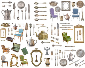 Huge set of antique items.Vintage household items, silverware, furniture and more. Isolated on white background.
