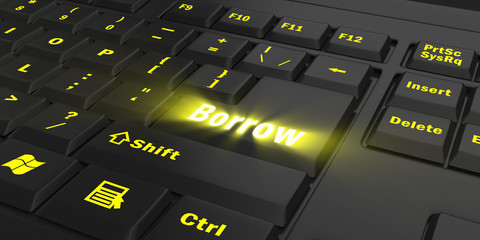 yellow glowing Borrow key on black computer keyboard, 3d illustration