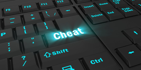 blue glowing Cheat key on black computer keyboard, 3d illustration