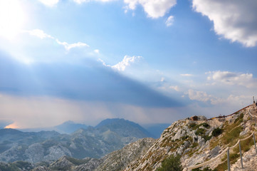 Landscape of croatian sea and mountains seen from the peak of mountains with the sea in the...