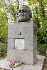 Karl Marx tombstone in Highgate Cemetery, London, UK