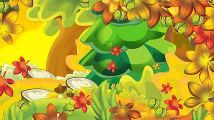 cartoon autumn nature background with space for text - illustration for children
