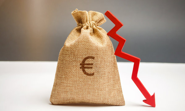 Money bag with a euro sign and an arrow down. The concept of reducing profits. Drop in revenue. Low salary. Financial and economic crisis. Recession family budget. Unsuccessful business.