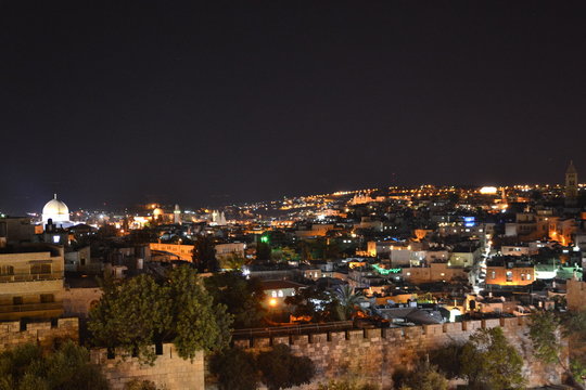 Damascus Gate entrance at Old City Jerusalem Palestine Israel at night with lights during Ramadan