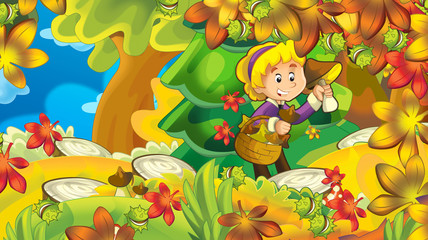 Obraz na płótnie Canvas cartoon autumn nature background with girl gathering mushrooms in the forest near the mountains - illustration for children