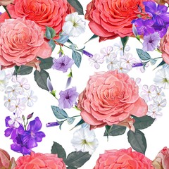 Floral beautiful seamless pattern -Pink rose ,petunia and glory bush flowers