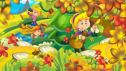 cartoon autumn nature background with girl gathering mushrooms in the forest near the mountains - illustration for children